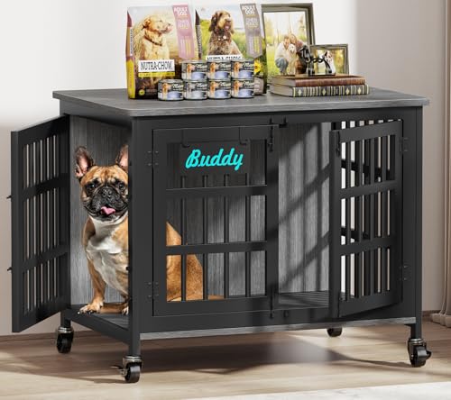 EasyCom 33"/27" Dog Crate Furniture with Name Tag, Heavy Duty Dog Kennel Indoor for Medium and Small Dogs, Double-Doors Sturdy Metal Dog Cage, Decorate House as TV Stand, End Table, Bedside Table - color: Dark Grey, size: 32.7"L x 22.8"W x 25.2"H