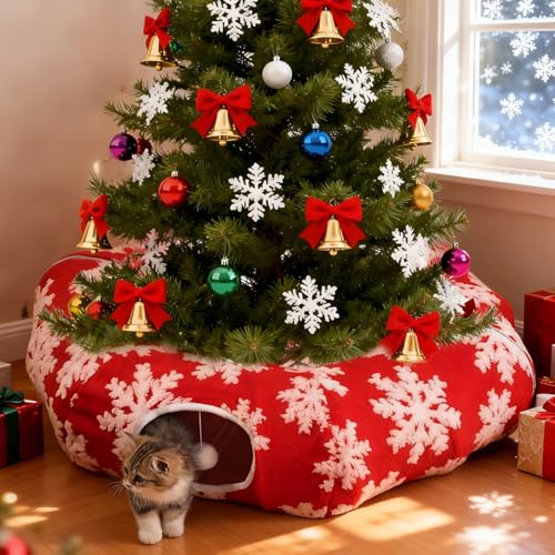 Cat Tunnel Christmas Tree Skirt,Christmas Tree Cat Tunnel for Indoor Cats,Cat Tunnels Tree Skirt,Soft Peekaboo Hideway Bed Cave Donut Toys Circle Tunnels for Kittens & Large Cats (Red) - color: Red