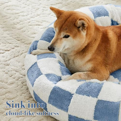 Ohocut Checkered Cat Dog Bed, Cute Blue Retro Style Aesthetic Round Warming Pet Calming Beds for Small Dog and Cats, Plush Cozy Donut Beds Washable, 23" L x 23" W x 8" Th - color: Blue, size: 23"L x 23"W x 8"Th