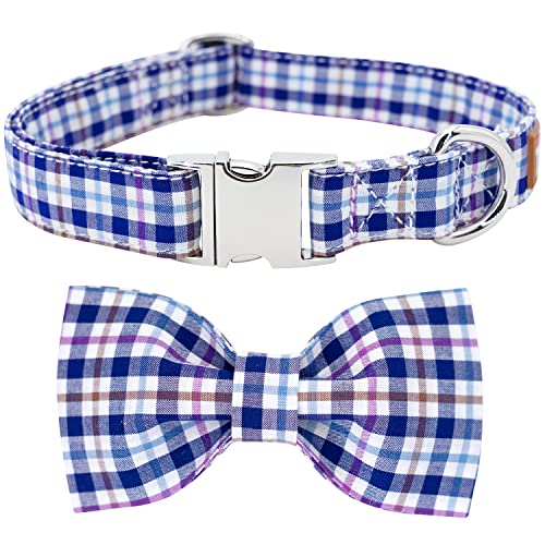 Tunkoo Dog Collar with Bow Tie Elegant Plaid Soft Comfy Cotton Adjustable Collar Premium Metal Buckle,Small Medium Large Puppy Cat Outdoor Training Walking Running（Bule Grid，S） - color: Bule Plaid Collar, size: Small