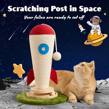Cat Scratching Post, Rocket Cute Sisal Cat Scratcher with Durable Solid Wood Turntable Toy, Cat Scratch Post Red Cat Scratcher with Spinning Star Toy for Indoor Adult Cats - color: Red Rocket