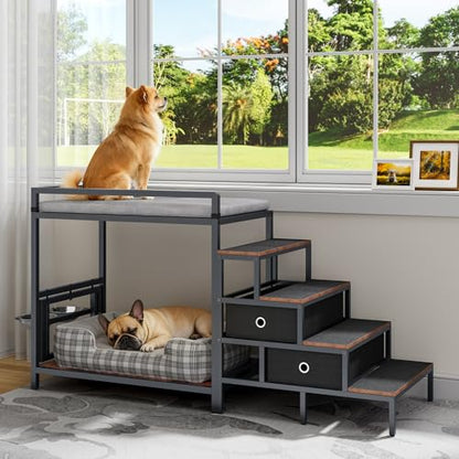 Saudism Dog Window Perch with 360° & Adjustable Raised Feeder, Pet Bunk Bed with Stair and Drawers, Elevated Platform Bed, Pet Elevated Seat with Cushion, Paw-Friendly Ladder