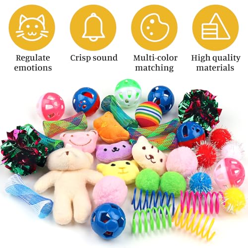 QUOZUO Kitten Toys - 38PCS Cat Play Set, Sparkle Balls, Plush Pom Pom Balls, Hanging Door Toy, Gift Box Styles