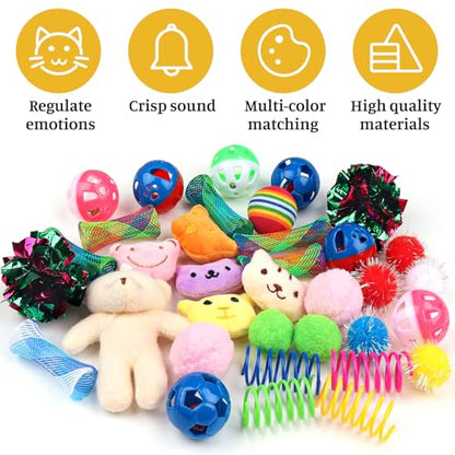 QUOZUO Kitten Toys - 38PCS Cat Play Set, Sparkle Balls, Plush Pom Pom Balls, Hanging Door Toy, Gift Box Styles