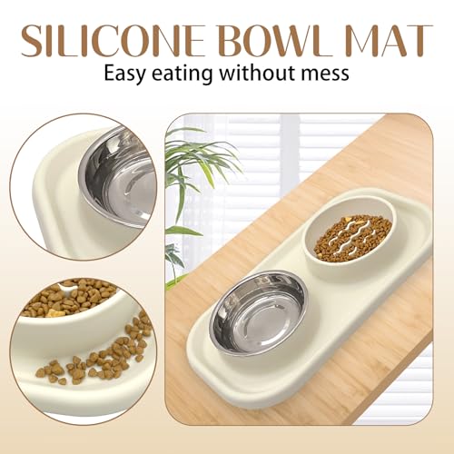 Slow Feeder Dog Cat Bowls, Stainless Steel with Silicone Mat Dog Food and Water Bowls Set, Pet Feeder to Slow Down Eating for Cats, Small Dog - color: Beige