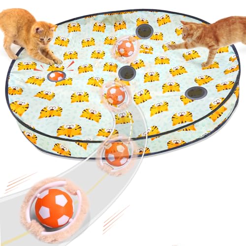 VIWIK Cat Toys for Bored Indoor Adult Cats, Interactive Automatic Motion Activated Kitten Ball Toy, Hide and Seek Mouse Catching Game, Low Noise Fast Rolling Ball in 4 Holes Play Mat - color: Orange+Green Cover