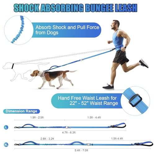 Heavy Duty Hands Free Dog Leash, 5-7 FT Reflective Adjustable Waist Dog Leash Belt with Padded Handles, Shock Absorbing Bungee and Car Seat Belt for Large Medium Dogs (Gradient Cobalt, XL) - color: Gradient Cobalt