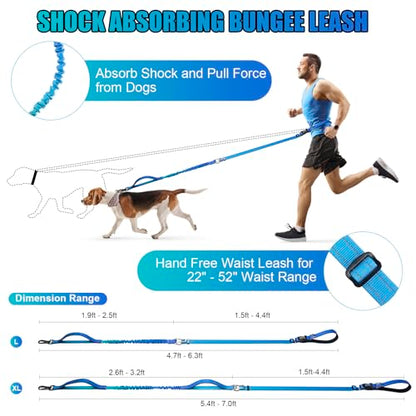 Heavy Duty Hands Free Dog Leash, 5-7 FT Reflective Adjustable Waist Dog Leash Belt with Padded Handles, Shock Absorbing Bungee and Car Seat Belt for Large Medium Dogs (Gradient Cobalt, XL) - color: Gradient Cobalt