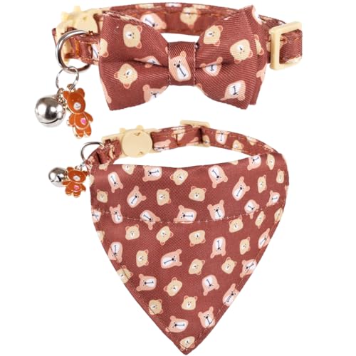 Cat Collar Breakaway with Cute Bow Tie Bandana and Bell Accessories Bear for Kitty Adjustable Safety - color: bear