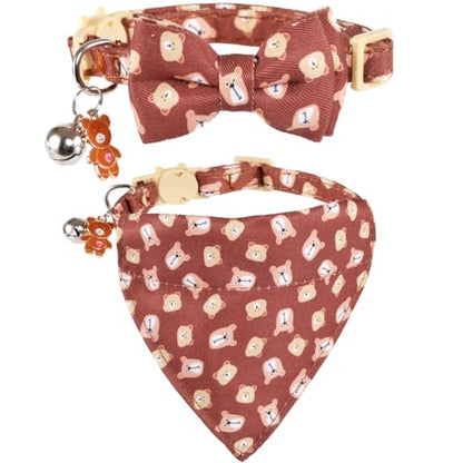 Cat Collar Breakaway with Cute Bow Tie Bandana and Bell Accessories Bear for Kitty Adjustable Safety - color: bear