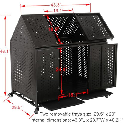 44 inch Heavy Duty Dog Crate with Wheels, Indestructible Escape-Proof Dog Kennel with Locking Latch and Double Door, Large XL Cage Indoor for Large and Medium Dog with Removable Tray - size: 43.3"L x 29.5"W x 46.1"H