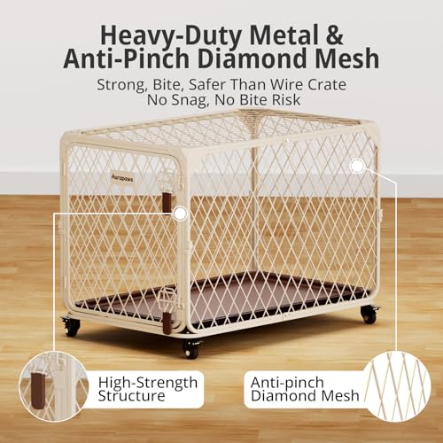 42 Inch Dog Crate with Lockable Wheel, Diamond Mesh Metal Dog Kennel Cage with Double Secure Latch & Leak-Proof Tray, Escape-Proof Dog Crates for Large Dogs Breeds, Dogs up to 200 lbs - size: 43.2"L x 29.1"W x 29.4"H