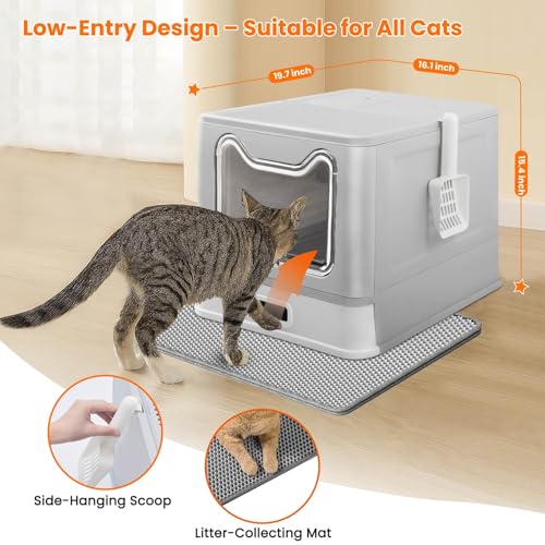 Stainless Steel Cat Litter Box with Lid and Drawer, Enclosed XXL Litter Box for Large Cats Includes Litter Mat & Scoop - size: enclosed