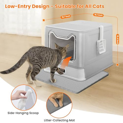Stainless Steel Cat Litter Box with Lid and Drawer, Enclosed XXL Litter Box for Large Cats Includes Litter Mat & Scoop - size: enclosed