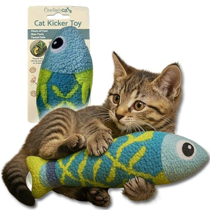 Caroline's Cats Refillable Catnip Pouch Cat Kicker Toys with Crinkle Sound Inside, Interactive Fish Toy for Cats, Plush Indoor Cat Nip Kitty Kick Sticks, Comfort Pillow for Kittens, 9.5 Inches