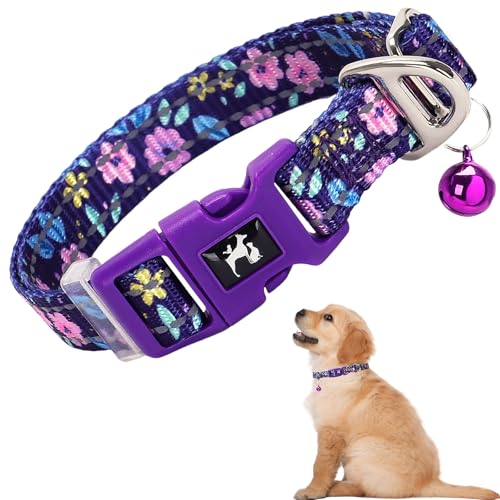 Soft Nylon XXS/XS Dogs Collar with Bell - Reflective, Adjustable & Lightweight for Puppy, Comfortable & Safe for Everyday Use (Purple Flower XS) - color: 3, size: XS (Neck 7"-9")