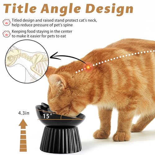 Ceramic Raised Cat Bowl，Tilted Raised Bowl Anti Vomit Bowls for Indoor Cats Whisker Friendly Pet Feeder for Cats Puppies, Microwave and Dishwasher Safe - color: White+Black