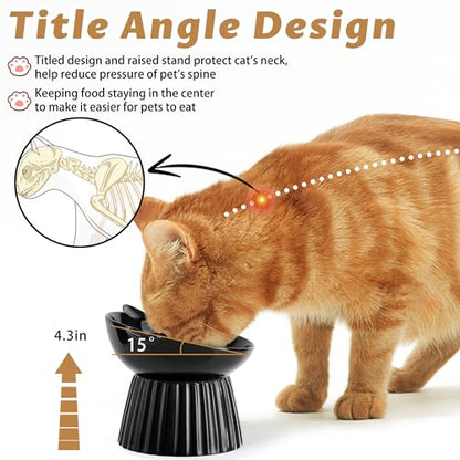 Ceramic Raised Cat Bowl，Tilted Raised Bowl Anti Vomit Bowls for Indoor Cats Whisker Friendly Pet Feeder for Cats Puppies, Microwave and Dishwasher Safe - color: White+Black