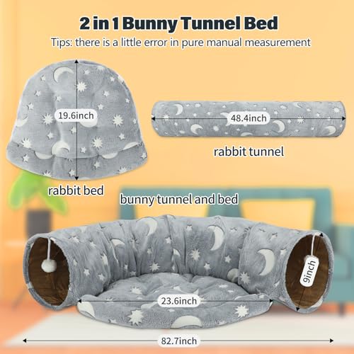 BWOGUE Bunny Tunnel Bed, 2-in-1 Collapsible Tunnel Tubes Toys with Removable Mat Hideout for Cats Kittens Rabbits Guinea Pigs Kitty - color: Grey