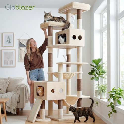 Globlazer Multi-Level Tall Cat Tower 83 inch Sturdy Extra Large Heavy Duty Cat Tree for Indoor Large Adult Cats Kittens with 2 Cat Condo, 8 Scratching Post, 2 Hammock, S83G, Beige - color: Beige