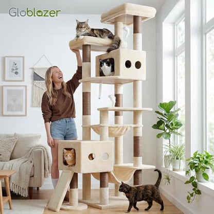 Globlazer Multi-Level Tall Cat Tower 83 inch Sturdy Extra Large Heavy Duty Cat Tree for Indoor Large Adult Cats Kittens with 2 Cat Condo, 8 Scratching Post, 2 Hammock, S83G, Beige - color: Beige