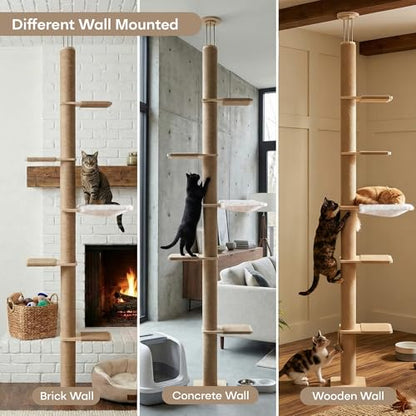 Floor to Ceiling Cat Tree, 5 Tier Adjustable Height (6-10.1 ft) Climbing Tower with Sisal Scratching Posts, Cats Activity with Cozy Hammock for Indoor Cats (Floor to Ceiling) - size: Floor to Ceiling