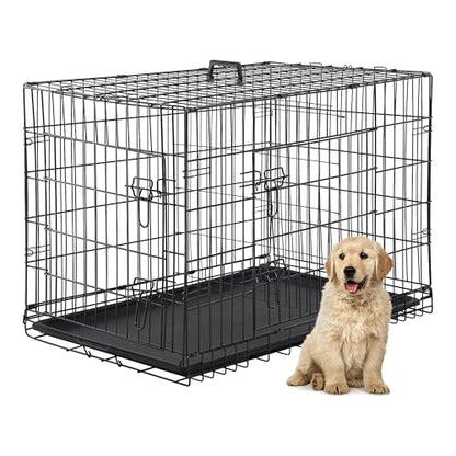 24/7 Shop at Home Gossamer Metal Double Door Folding Wire Pet Crate with Divider, Removable Tray, and Handle for Outdoor and Indoor Medium Dog, 48-inch, Black - size: 47.2"L x 28.9"W x 30.9"H