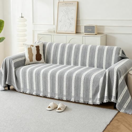 Couch Cover for Dogs, Boho Sofa Covers for 3 Cushion Couch, Chenille Sofa Slipcover for Pets Washable, L-Shape Sectional Loveseat Cover Soft Throw Blankets with Tassels(71x102,Striped Grey) - color: Striped Braid Grey, size: 71*102 inch
