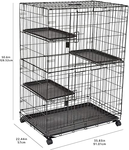 Amazon Basics Large 3-Tier Cat Cage Playpen with Easy to Clean Removable Tray, Front Doors, Portable, Foldable, 35.8" x 22.4" x 50.6", Black