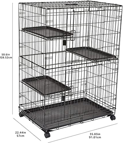 Amazon Basics Large 3-Tier Cat Cage Playpen with Easy to Clean Removable Tray, Front Doors, Portable, Foldable, 35.8" x 22.4" x 50.6", Black