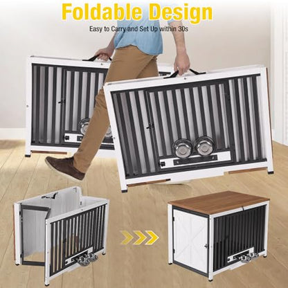 Aivituvin Dog Crate Furniture Foldable Side End Table Expandable Solid Wood Dog Kennel with 360° Rotatable Dog Bowls Indoor Cage, No Assembly Needed (Double Crate)