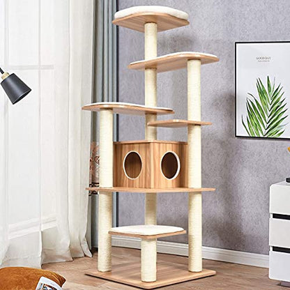Tangkula Tall Cat Tree, 69-Inch Modern Cat Tower with Sisal Rope Scratching Posts, Wood Cat Tree with Multi-Layer Platform, Cat Condo Furniture with Washable Cushions for Indoor Cats Large Adult - color: Natural