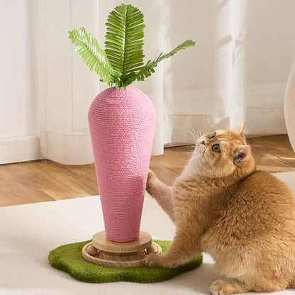 Cute Cat Scratching Post, Carrot Cat Scratcher Post with Durable Natural Wooden Turntable Toy and Catnip, 24'‘ H Carrot Shape Design Sisal Cat Tree Sisal Scratcher for Indoor Cats (Cloud Base) - color: Pink Carrot
