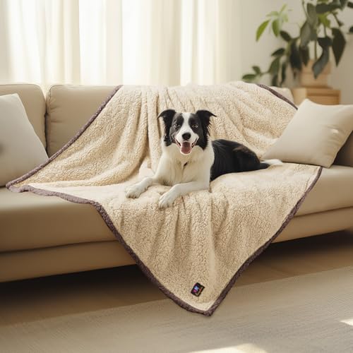 Luciphia Waterproof Pet Blanket for Medium Large Dogs Soft Cat Sherpa Calming Thick Cover Leakproof Cozy Puppy Sofa Bed Car Couch Protector(Beige/Brown,63x50 inches) - color: Beige/Brown, size: 63x50 inches