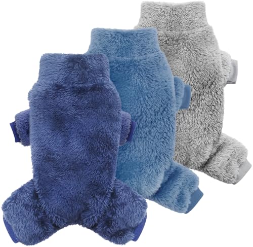 Idepet 3 Pack Fuzzy Velvet Dog Pajamas, Plush Dog Sweater Onesie Soft Pet Clothes Winter Outfit Doggy Pjs Puppy Jumpsuit, Cat Coat, Small - color: Grey+Blue+Navy, size: Small