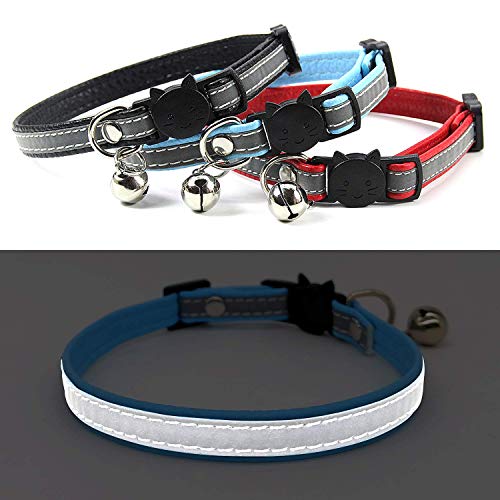3 PCS Breakaway Cat Leather Collars, Reflective Safety Buckle Kitten Collar with Bell for Cat Kitty and Small Animals, Adjustable from 7.5in-12.5in (3 Colors)