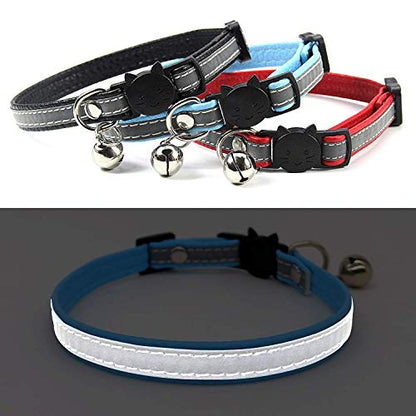 3 PCS Breakaway Cat Leather Collars, Reflective Safety Buckle Kitten Collar with Bell for Cat Kitty and Small Animals, Adjustable from 7.5in-12.5in (3 Colors)