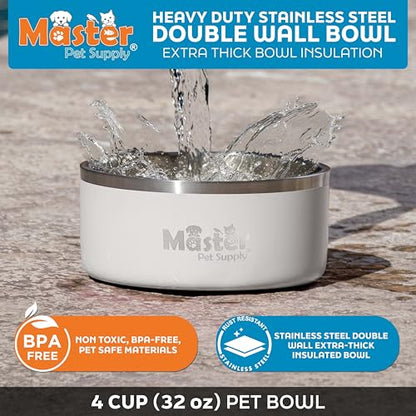 Master Pet Supply Stainless Steel Dog Bowls - 32 oz, Heavy Duty - Bone White, Double Wall Extra-Thick Insulated, Non-Slip Pet Water Bowl for Dogs, Cats & Pets, Anti Rust Metal, Dish Washer Safe - color: Bone White, size: 4 Cups (32 oz)