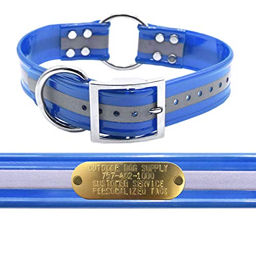 Outdoor Dog Supply 1.5" Wide 21" Long Reflective Light Blue Waterproof Dog Collar with Center Ring & Custom Brass Name Plate – Durable, Odor-Resistant for Large & XL Breeds - color: Reflective Light Blue, size: 21" Long