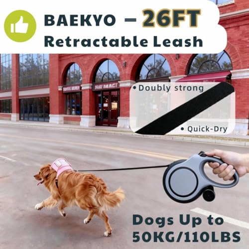 26ft Retractable Dog Leash for Large Dogs with Poop Bag Holder,Heavy Duty Retractable Dog Leash with Chew Proof Extender,One-Hand Lock System,Impact-Resistant,Up to 110 lbs (Grey) - color: Grey