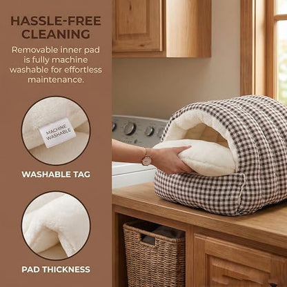 Small Cat Dog Cave Bed Calming Pet Nest Warm Plush Covered Cat House with Hooded Blanket Removable Hooded Blanket Cushion Washable Soft Calming Indoor Cat Bed(Gray, Medium) - color: Gray, size: Medium