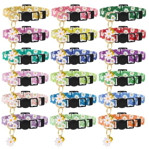 18 Pcs Breakaway Cat Collars with Bells Flower Pendants Adjustable Floral Cat Collars Safety Kitten Collar with Bell for Girl Boy Cats - color: Floral