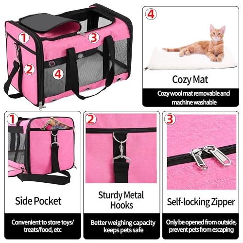 Soft Sided Cat/Dog Carrier,Collapsible Pets Travel Carriers for Pet/Puppy with Shoulder Strap & Removable Mat,Mesh Top Load Small Dogs/Cats Carry Bag Up to 17 Lbs TSA Airline Approved（Pink,M） - size: M Pink