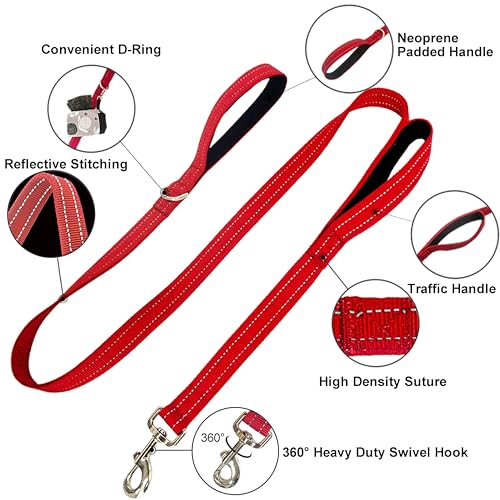 Dual Padded Handle Standard Dog Leashes with Reflective Stitching,360° Rotatable Heavy Duty Metal Buckle,D-Ring,Durable Nylon,for Medium Sized Dogs from 20 to 60 Pounds Walking and Training Red, 5Ft - color: Red, size: 5Ft