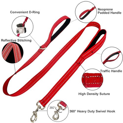 Dual Padded Handle Standard Dog Leashes with Reflective Stitching,360° Rotatable Heavy Duty Metal Buckle,D-Ring,Durable Nylon,for Medium Sized Dogs from 20 to 60 Pounds Walking and Training Red, 5Ft - color: Red, size: 5Ft