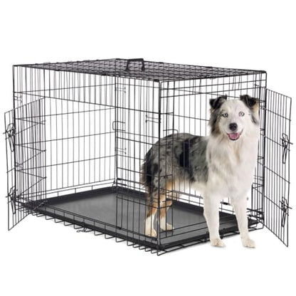 Dog Crate Kennel, 42 Inch Metal Pet Cage Double Door W/Divider Panel, Folding Travel Indoor Outdoor Dog Kennel Leak-Proof Plastic Tray Wire Animal Cage - size: 42.13"L x 26.77"W x 28.74"H