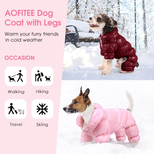 AOFITEE Dog Coat, Waterproof Dog Jacket, Fullbody Dogs Winter Coat Snowsuit, Windproof Puppy Puffer Jacket Snow Suit with Legs, Pet Fleece Winter Vest Coats for Small Dogs, Christmas Red S - color: Burgundy, size: Small