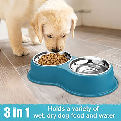 Epetslove Dog Bowls Double Dog Water and Food Bowls Stainless Steel Bowls with Non-Slip Resin Station, Pet Feeder Bowls for Puppy Medium Dogs Cats - color: 7.Lake Blue, size: Medium-18oz