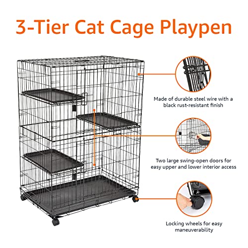 Amazon Basics Large 3-Tier Cat Cage Playpen with Easy to Clean Removable Tray, Front Doors, Portable, Foldable, 35.8" x 22.4" x 50.6", Black