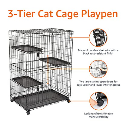 Amazon Basics Large 3-Tier Cat Cage Playpen with Easy to Clean Removable Tray, Front Doors, Portable, Foldable, 35.8" x 22.4" x 50.6", Black